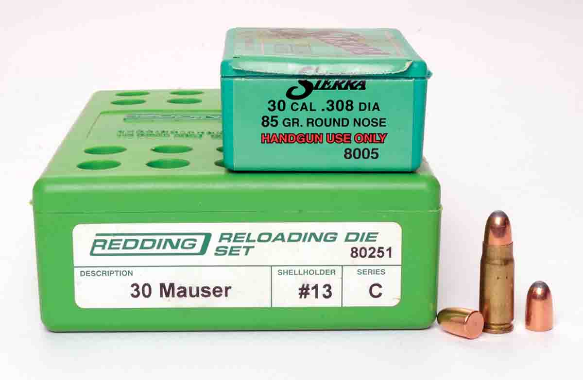 Reloading dies for .30 Mauser are fine for handloading 7.62x25mm, as are .308-inch jacketed bullets weighing between 80 and 90 grains.
